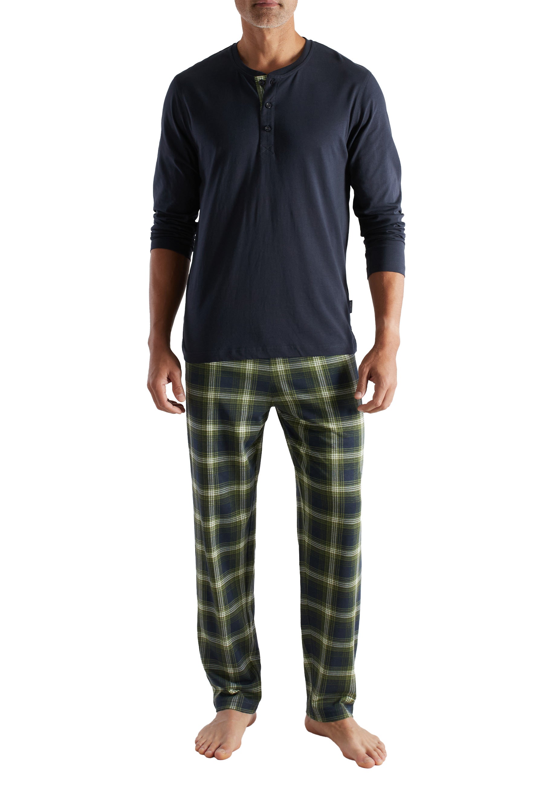 ceceba-herren-pyjama-gr-n-kariert-mit-henley-kragen image 1