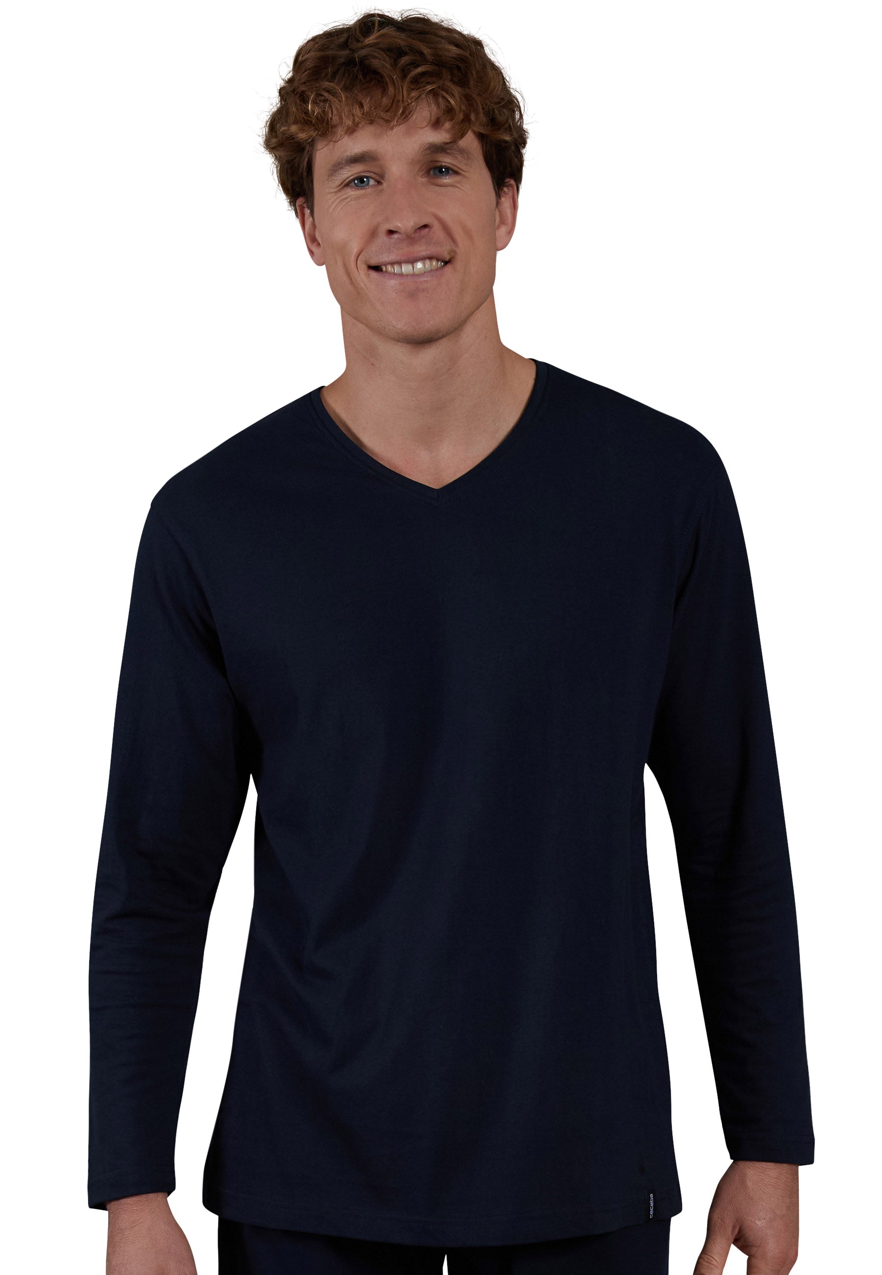 ceceba-herren-longsleeve-shirt-blau-uni-mit-v-kragen image 1
