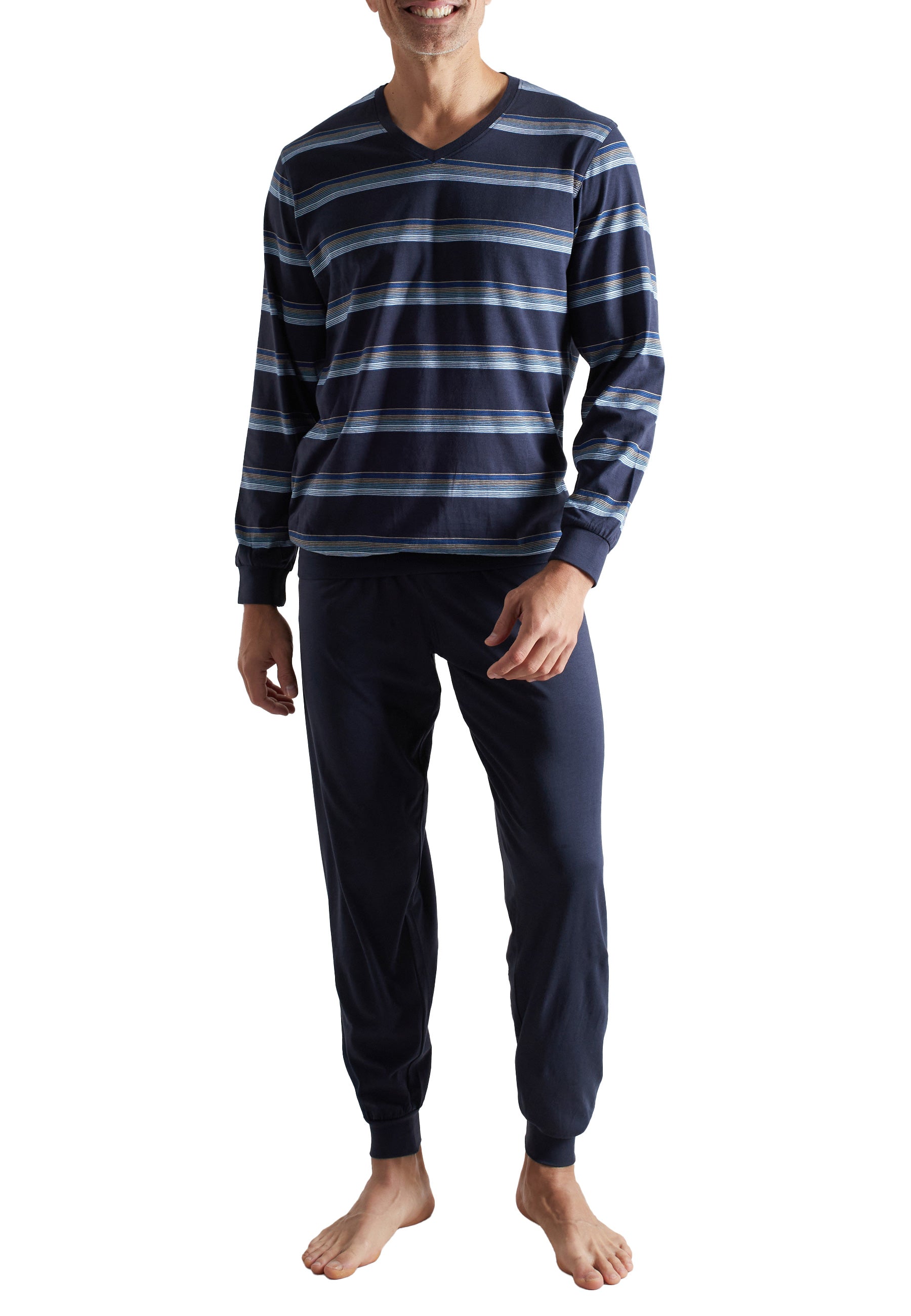 ceceba-herren-pyjama-blau-quergestreift-v-ausschnitt-baumwolle image 1