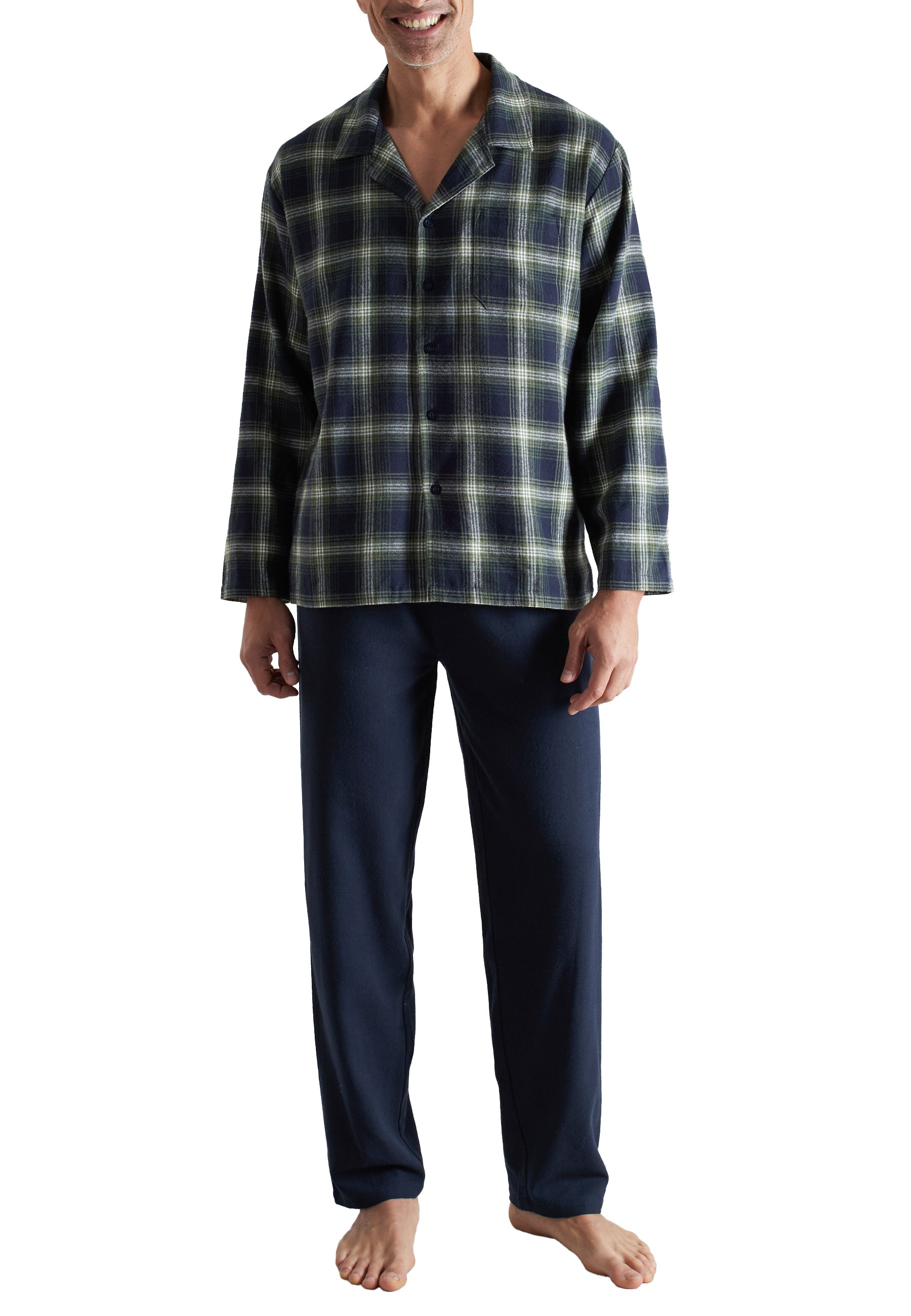 ceceba-herren-pyjama-gr-n-kariert-baumwoll-flanell-mit-knopfleiste image 1