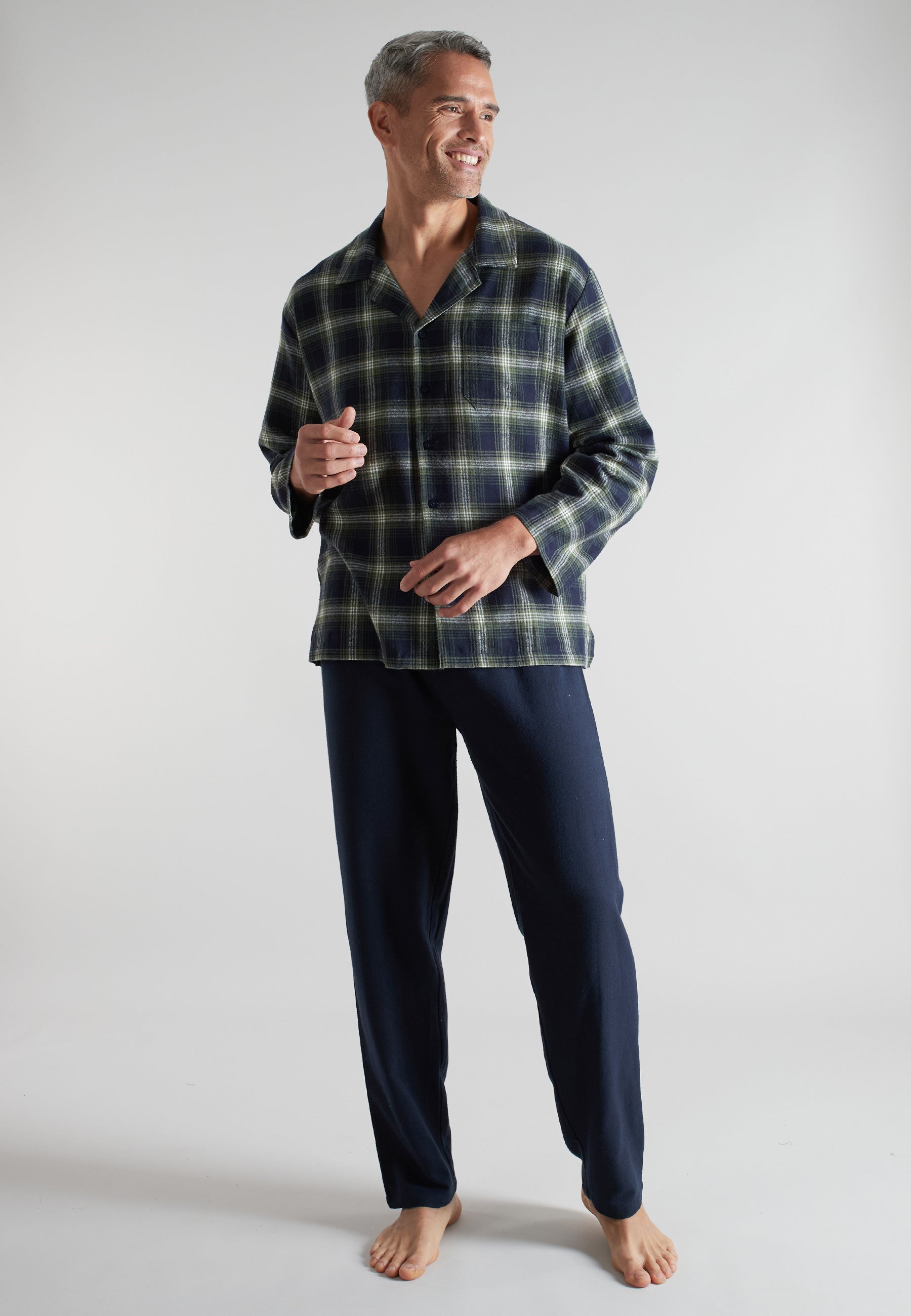 ceceba-herren-pyjama-gr-n-kariert-baumwoll-flanell-mit-knopfleiste image 2