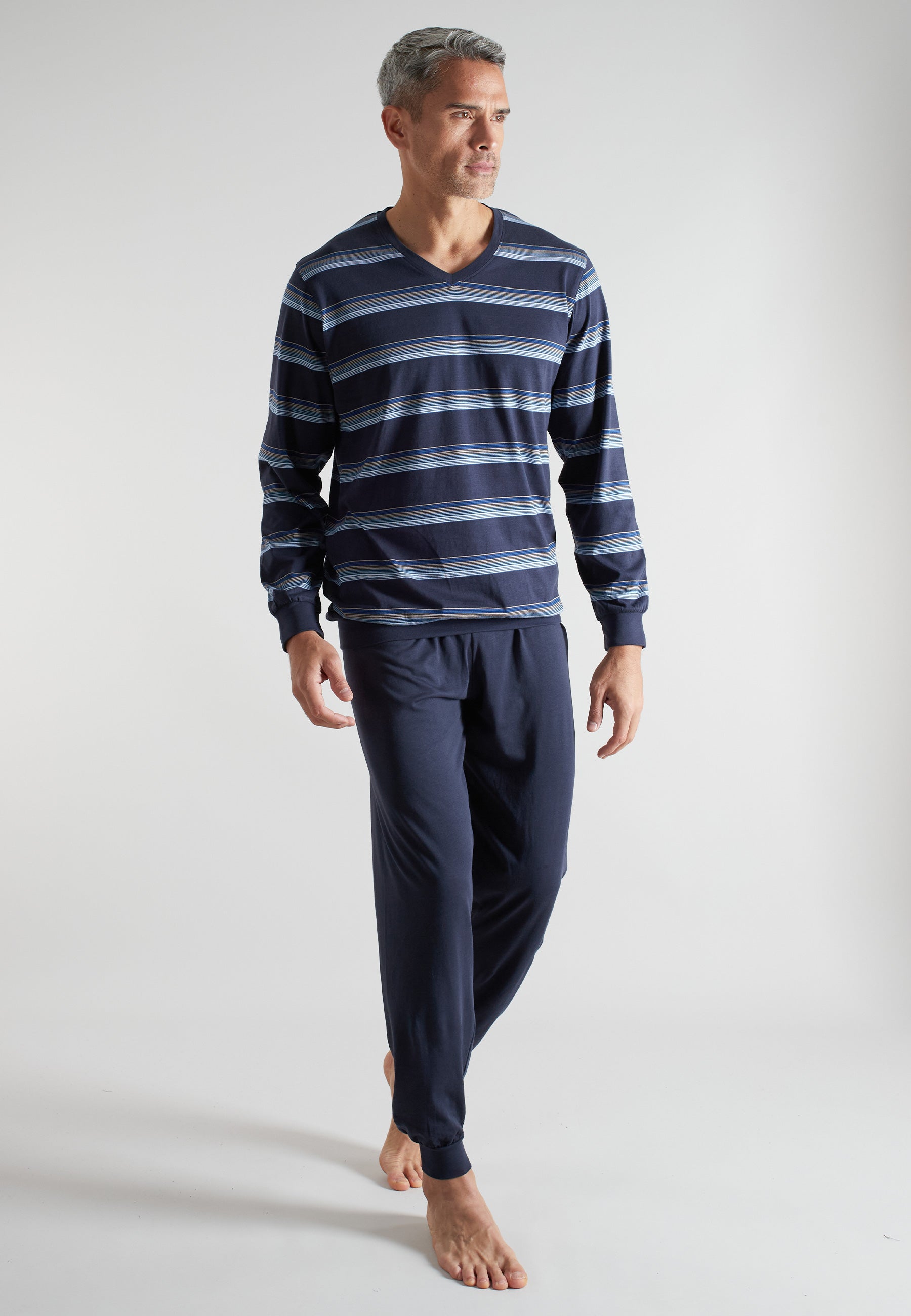 ceceba-herren-pyjama-blau-quergestreift-v-ausschnitt-baumwolle image 2